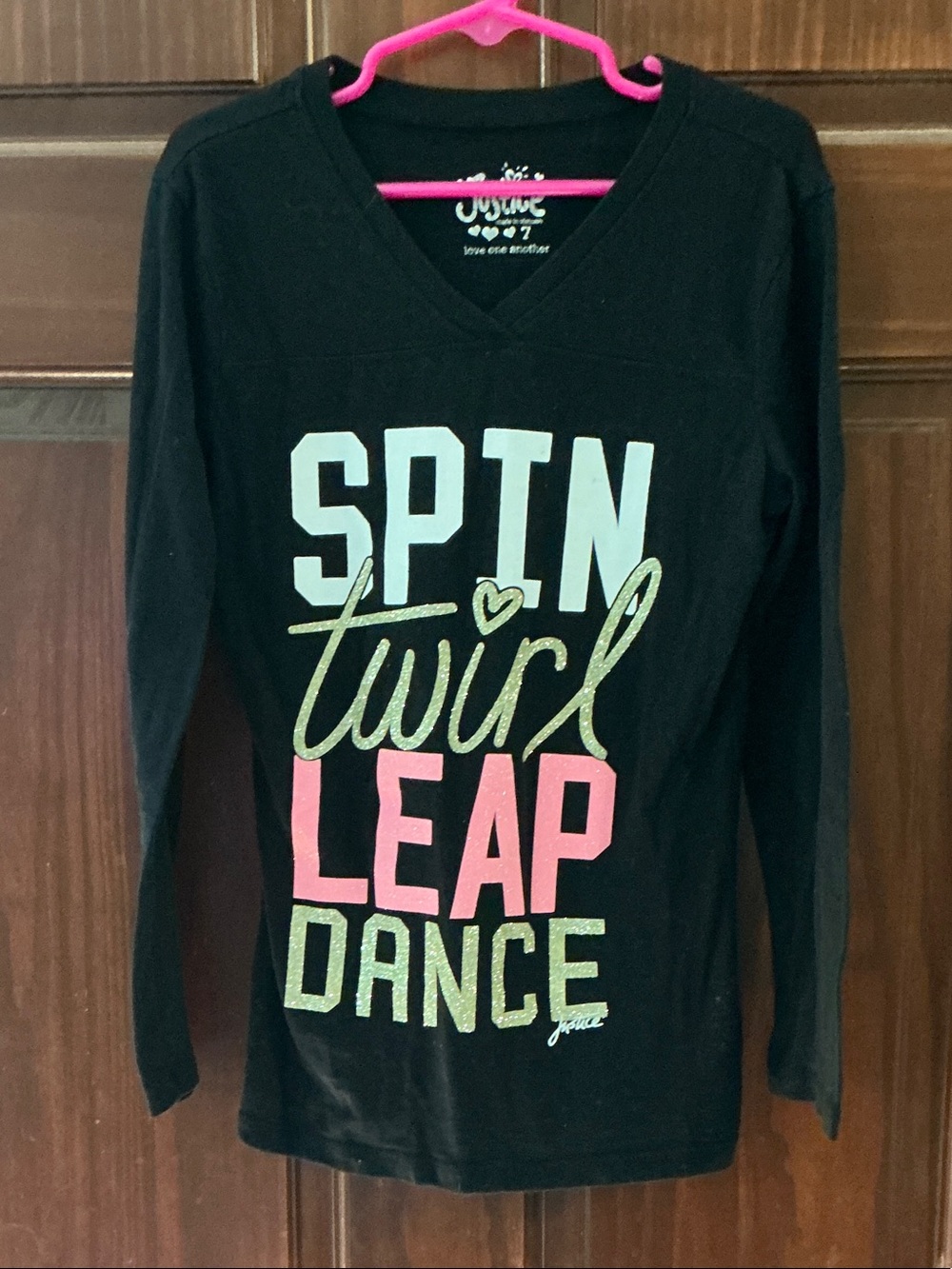 Justice Black Long Sleeve Top with Pink and Gold Graphic